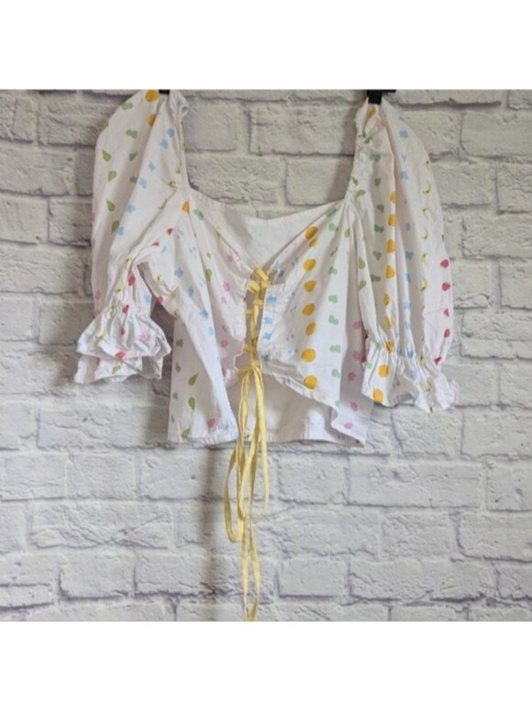 By Megan Crosby Sophie Crop Top Xl Juicy Joy Fruit Print White Pastel Lace Up — image 3 of 5